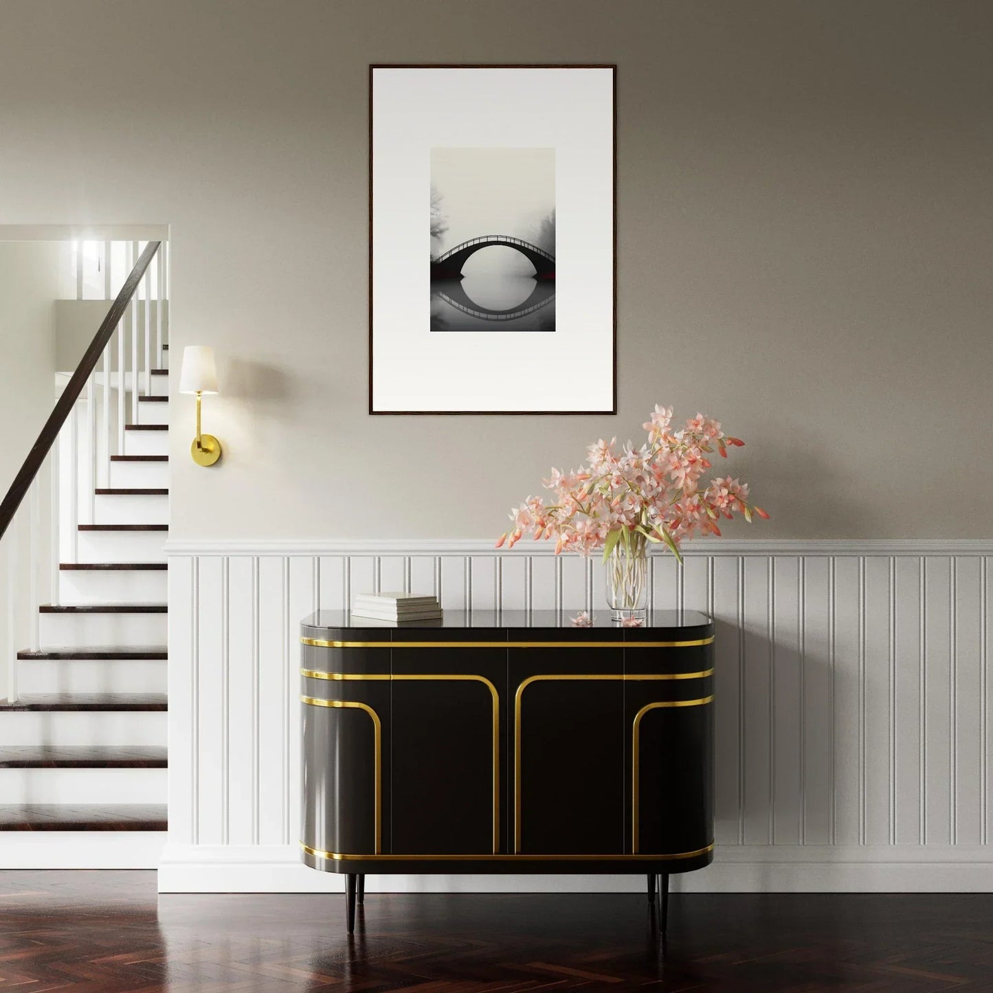 Elegant black sideboard with gold trim, perfect for room decoration and echo distance vibes