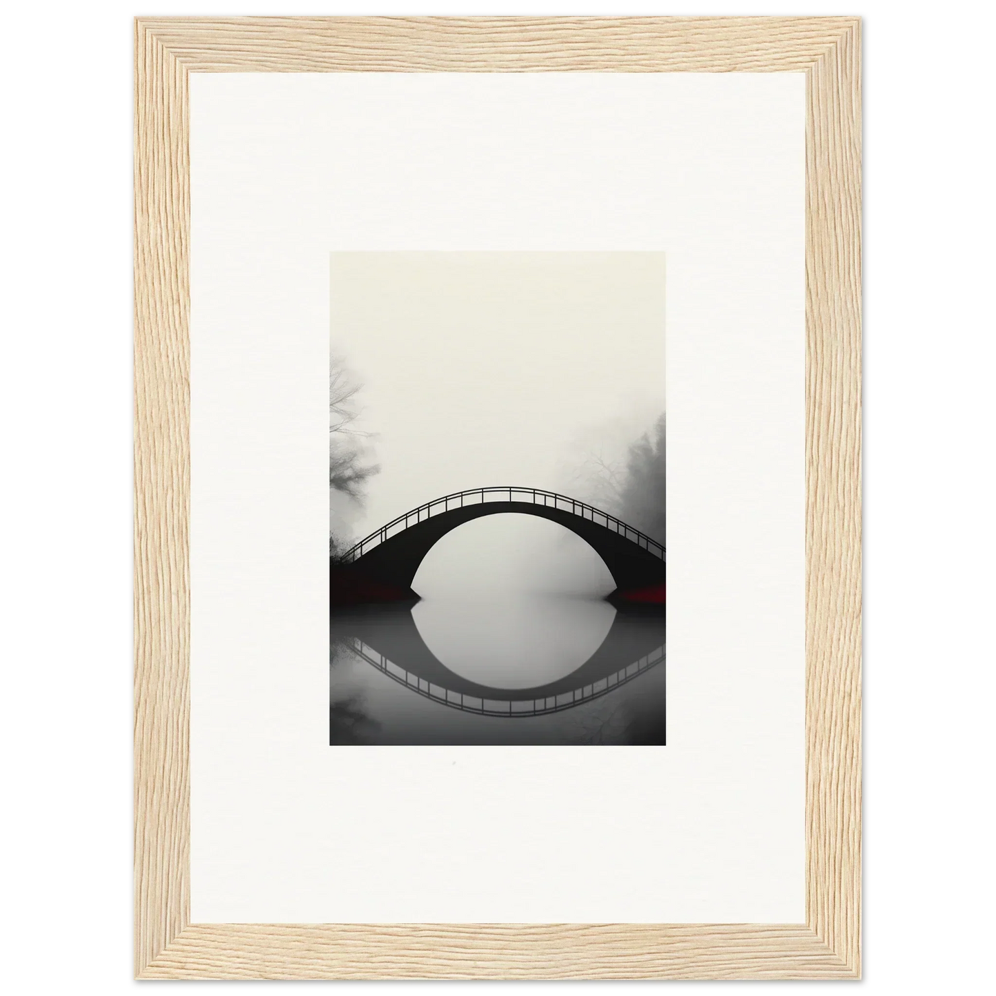 Framed black and white canvas print of an arched bridge reflecting in calm water for room decoration