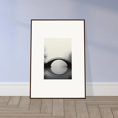 Framed black and white canvas print of a misty bridge reflection for room decoration