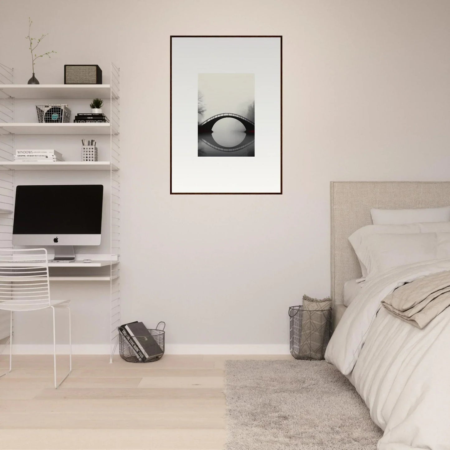 Minimalist bedroom with white walls and a canvas print highlighting echo distance