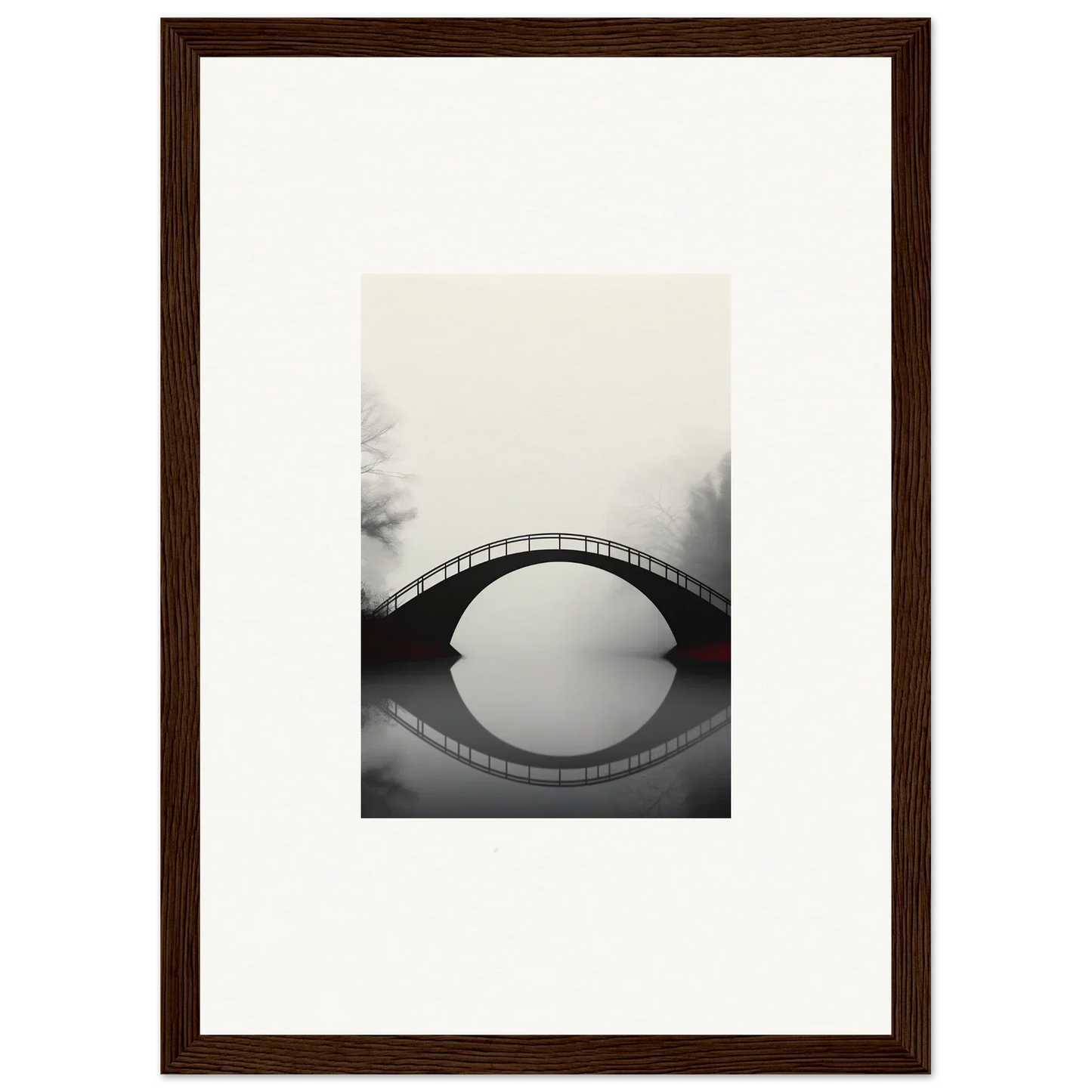 Arched bridge reflecting in misty water, perfect for room decoration as a canvas print