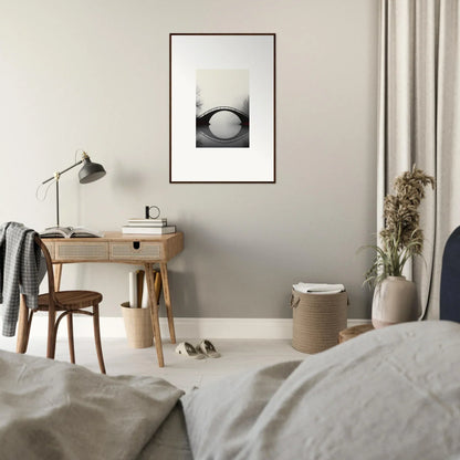 Minimalist bedroom with wooden desk, lamp, and a canvas print for room decoration