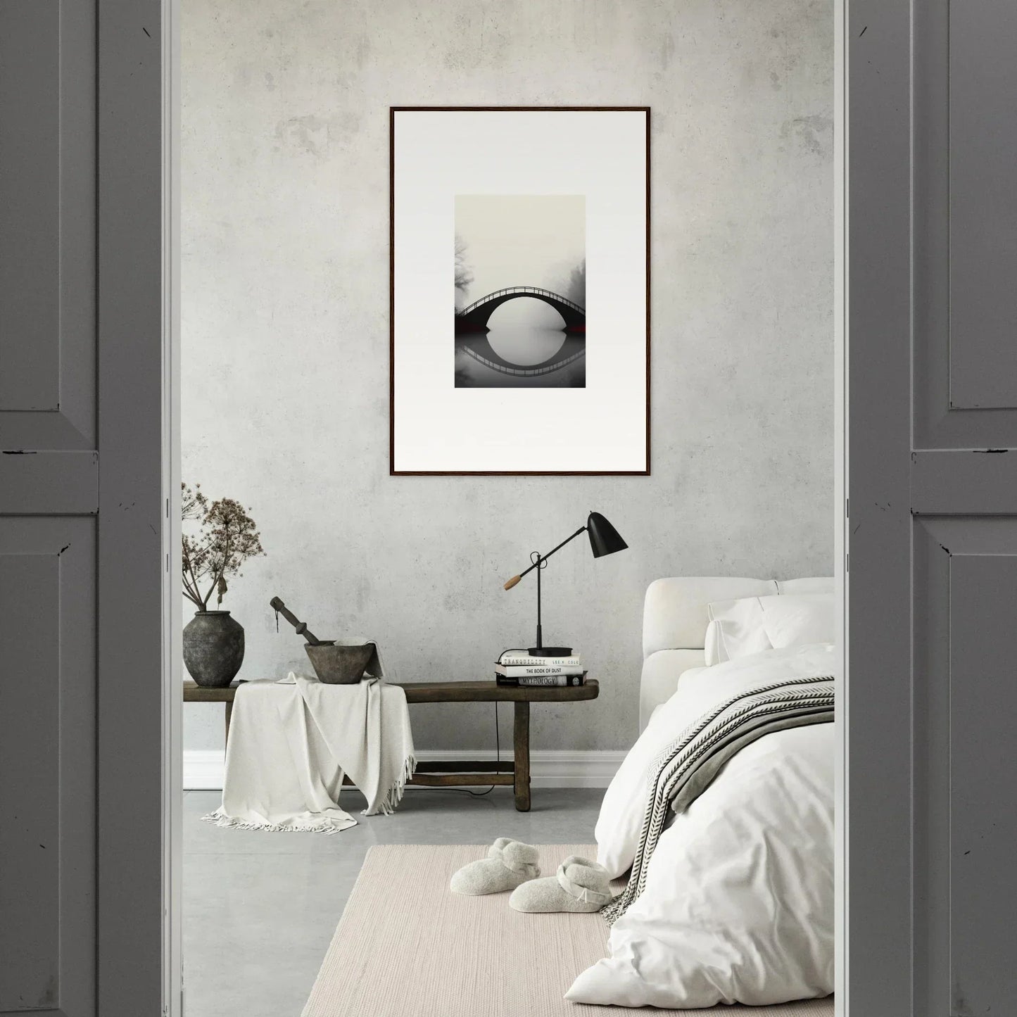 Minimalist bedroom with a stunning abstract canvas print as the echo distance focal point