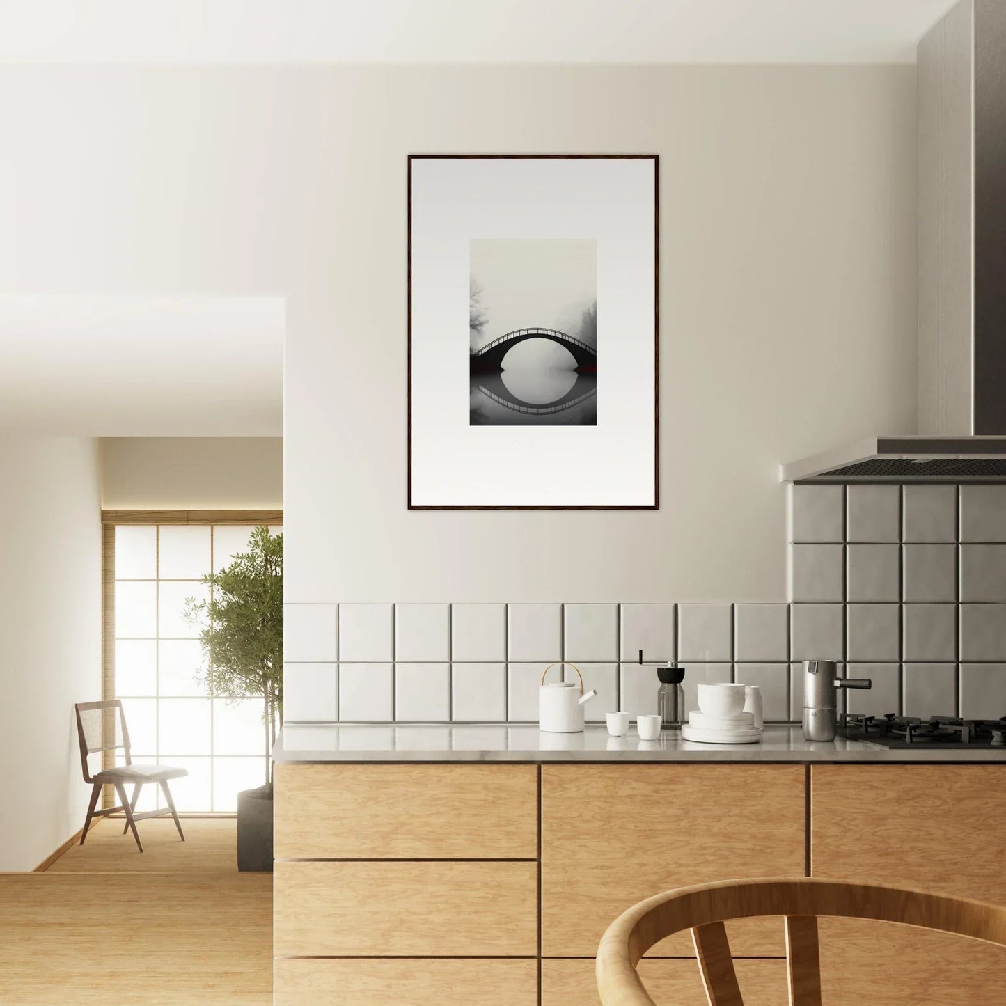 Modern kitchen with wooden cabinets, white tile backsplash - perfect for room decoration