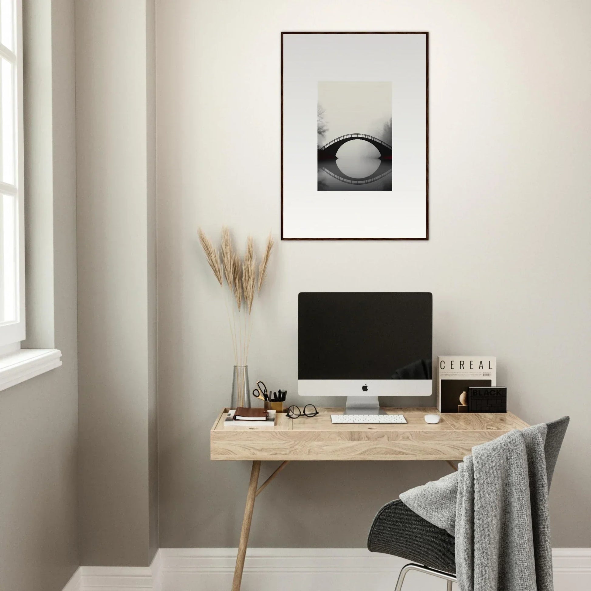 Minimalist home office with a wooden desk, computer, and Echo Distance canvas print