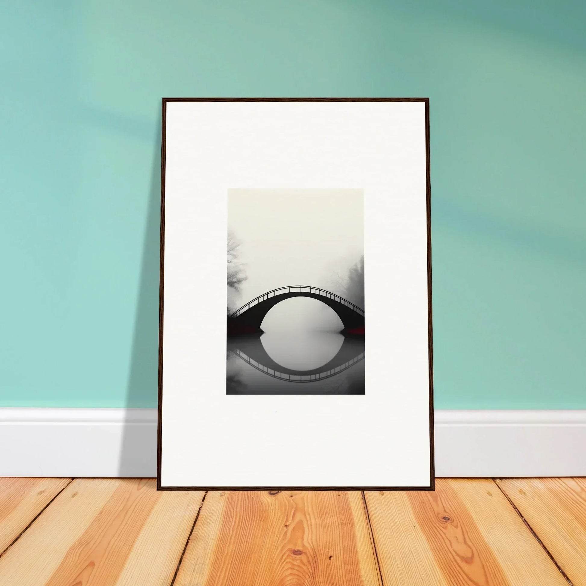 Framed black and white canvas print of an arched bridge with echo distance reflection