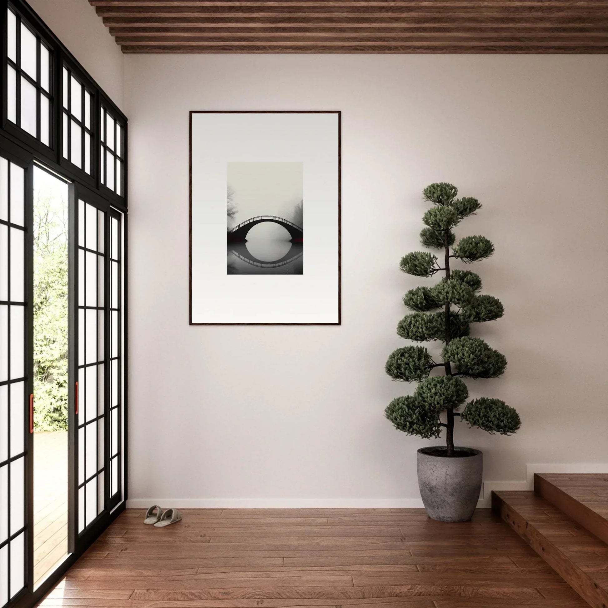 Minimalist room decoration with a canvas print and sculpted topiary plant