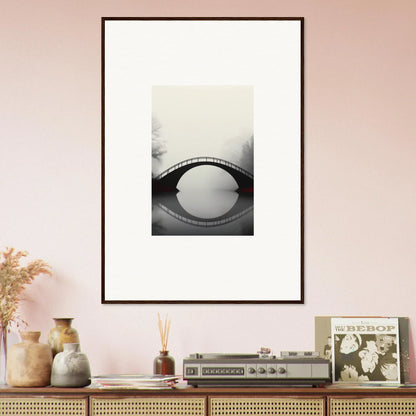 Black and white canvas print of a misty arched bridge reflection for room decoration