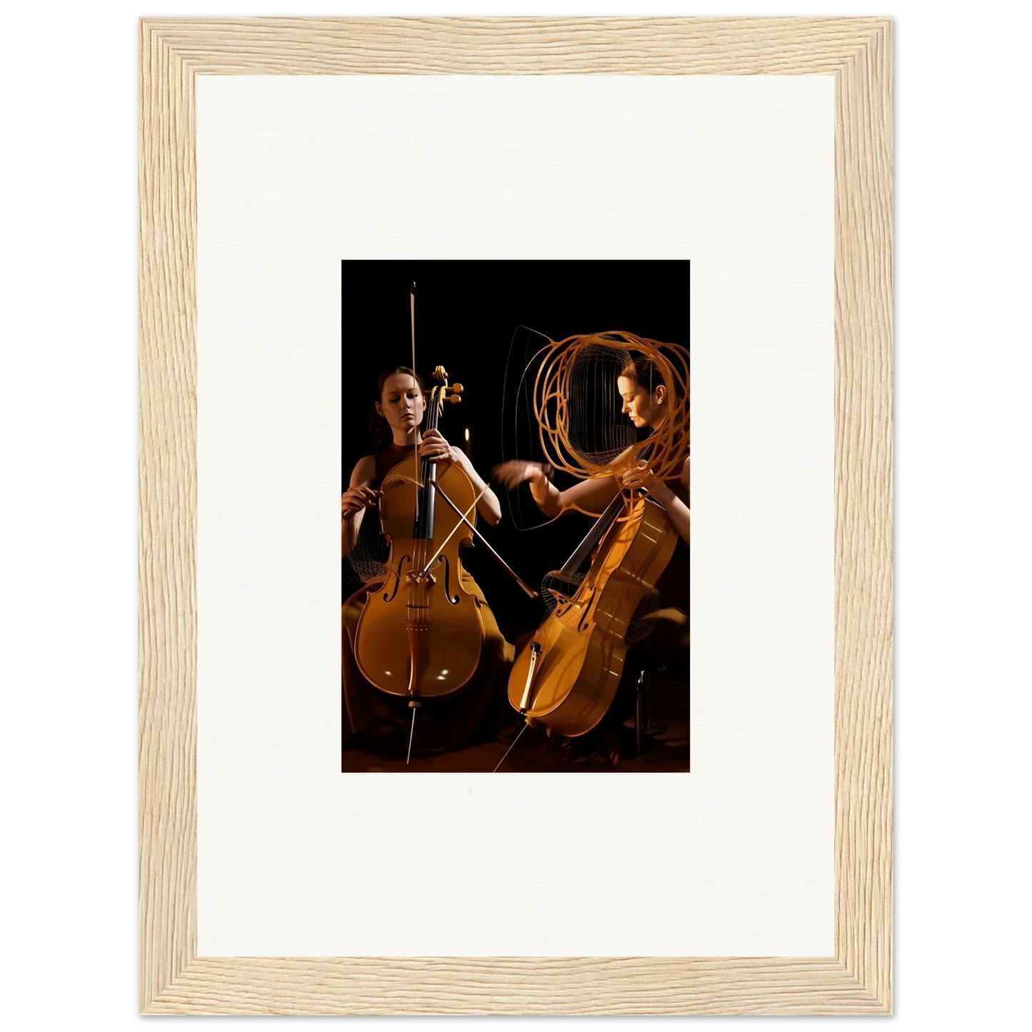 Framed wall art of two cellists in dramatic lighting, perfect for room decor