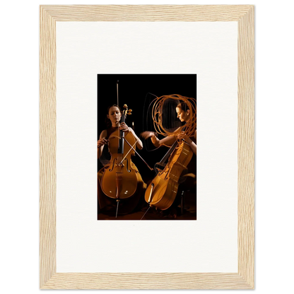 Framed wall art of two cellists in dramatic lighting, perfect for room decor