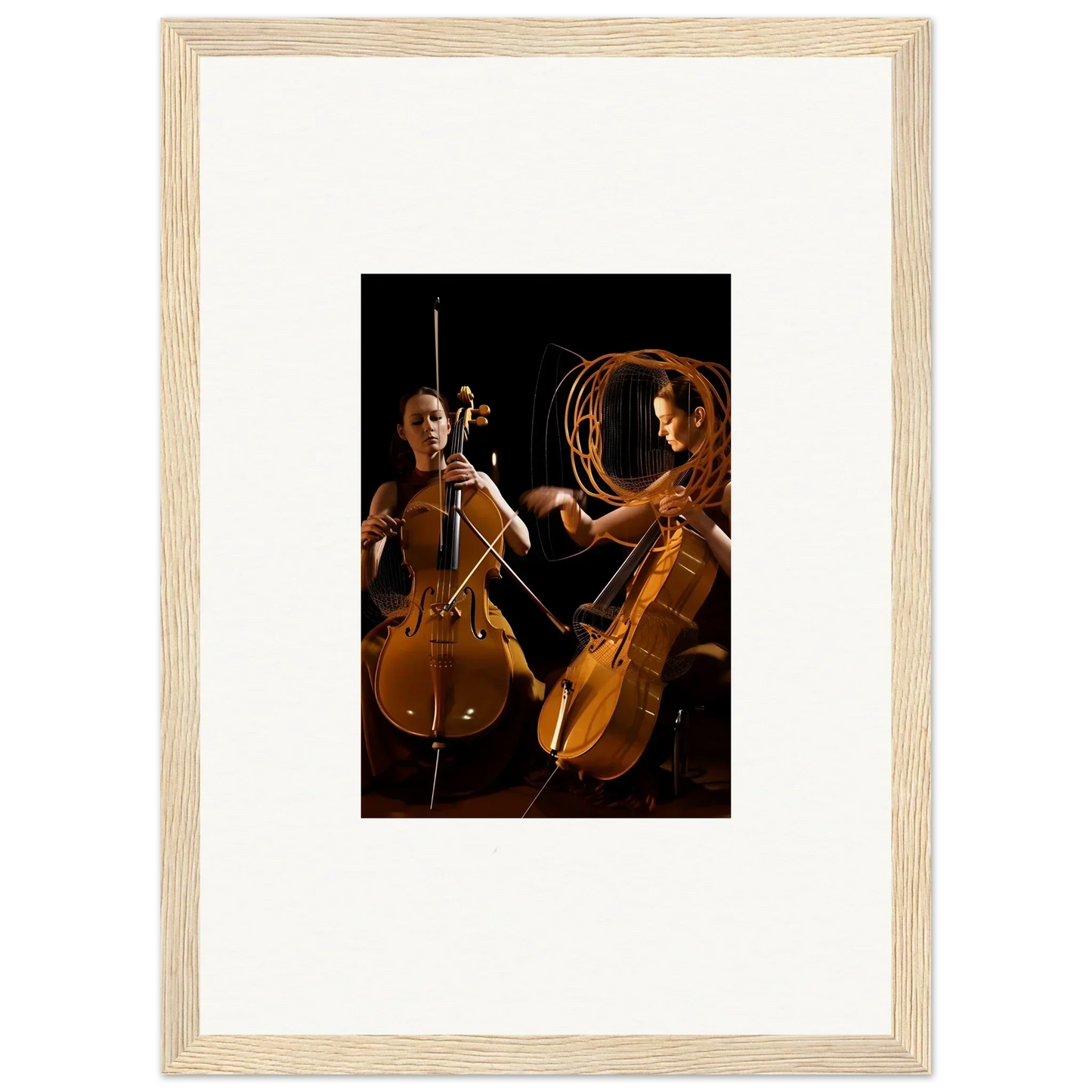 Framed wall art of two cellists in dramatic lighting enhances room decor