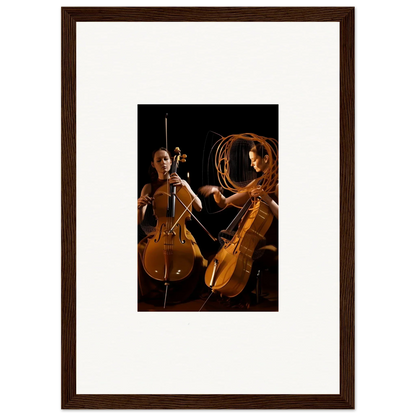 Framed wall art of two cellists in dramatic lighting, perfect for stylish room decor