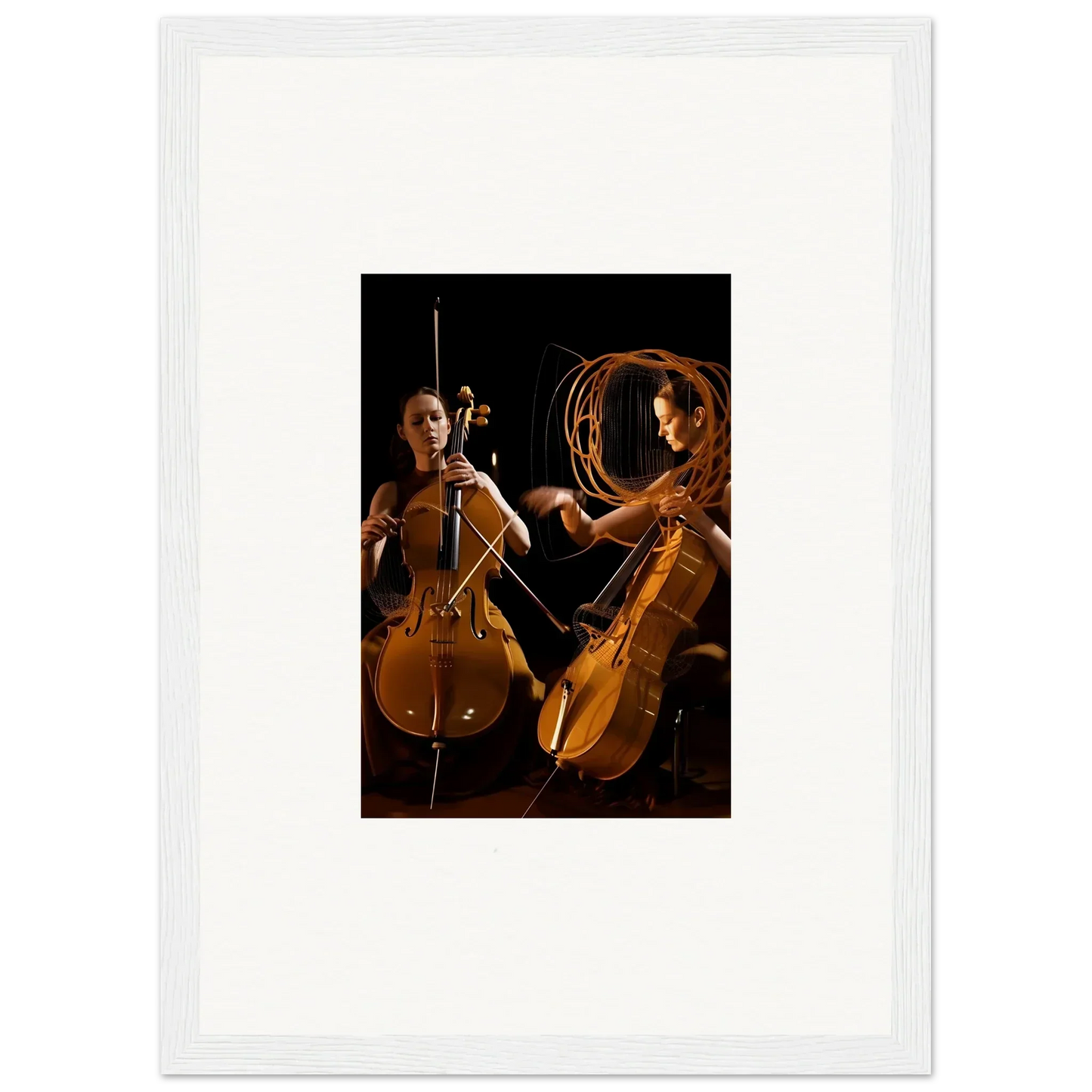 Framed wall art of two cellists performing with dramatic lighting, ideal room decor