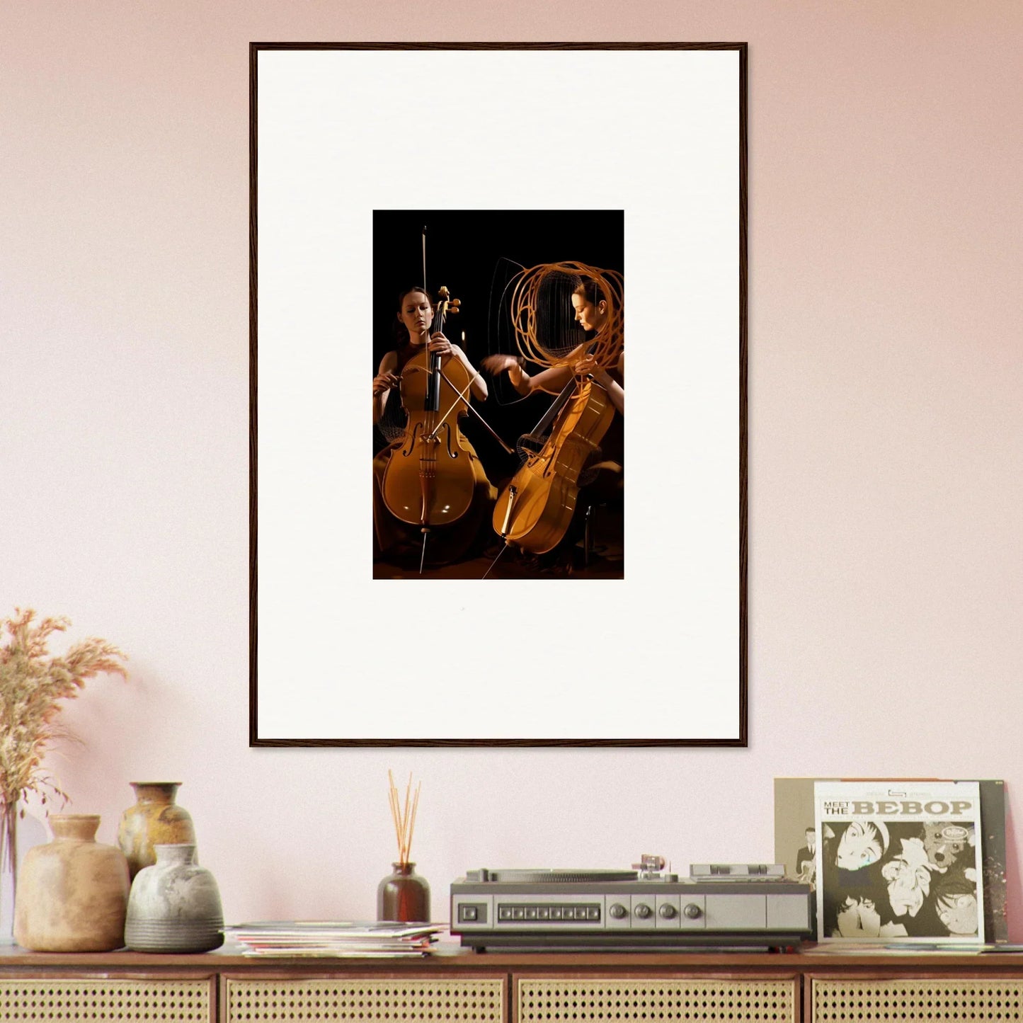 Framed wall art of a cellist performing, perfect for elegant room decor