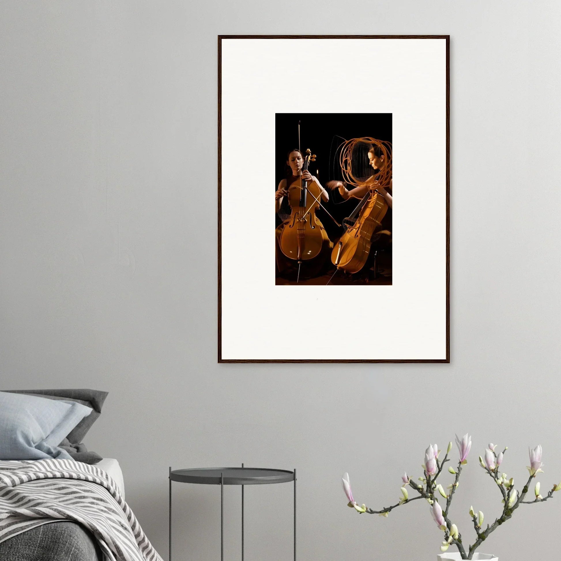 Framed wall art featuring two musicians playing stringed instruments for room decor