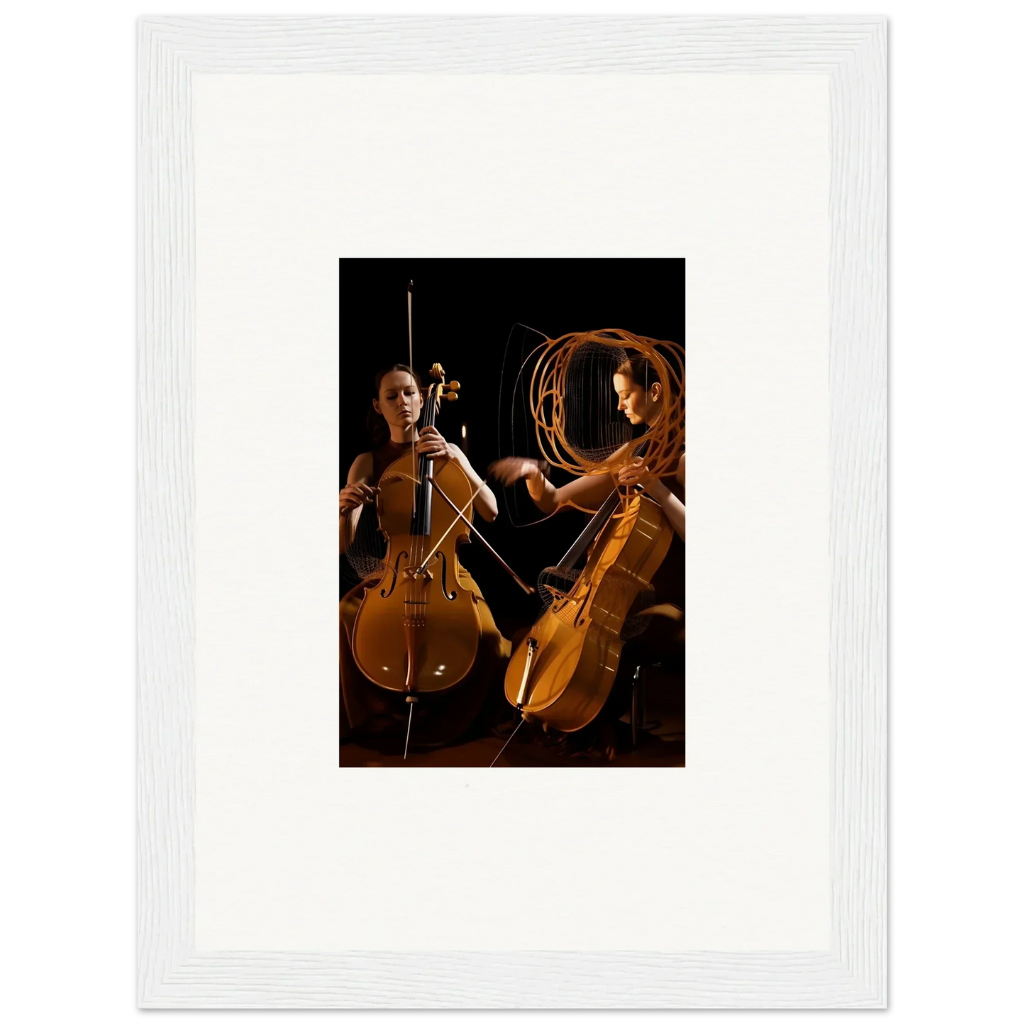 Framed wall art of two cellists performing in dramatic lighting for stylish room decor