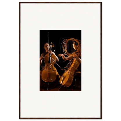 Framed wall art of two cellists performing with dramatic lighting for unique room decor