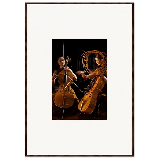 Framed wall art of two cellists performing with dramatic lighting for unique room decor