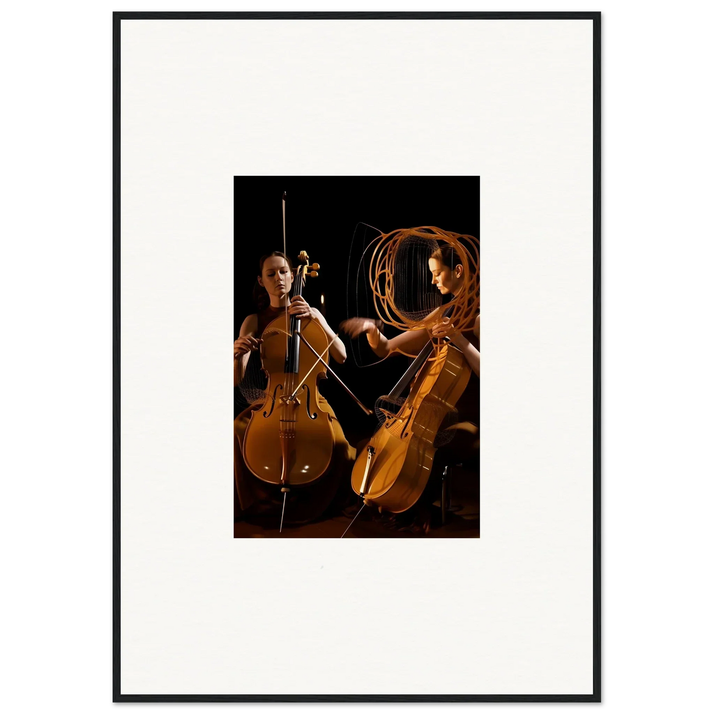 Framed wall art of two cellists performing with dramatic lighting for stylish room decor