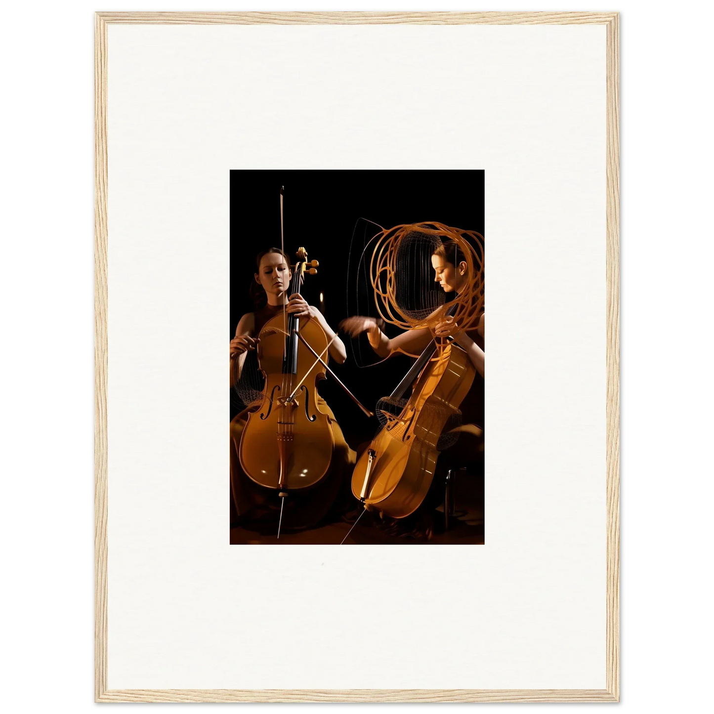 Framed wall art featuring two cellists performing with dramatic lighting effects