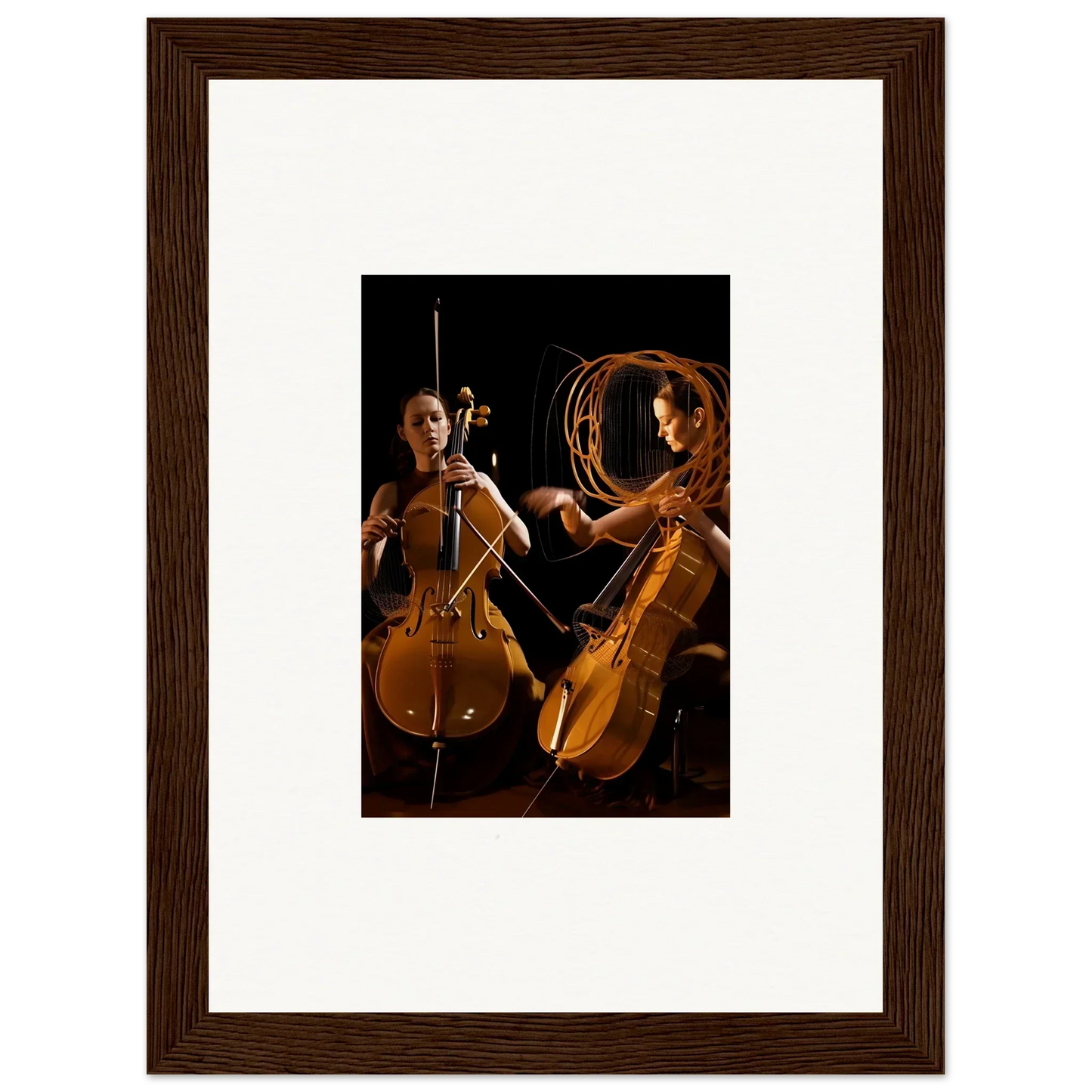 Framed wall art of two cellos illuminated by warm lighting for stylish room decor