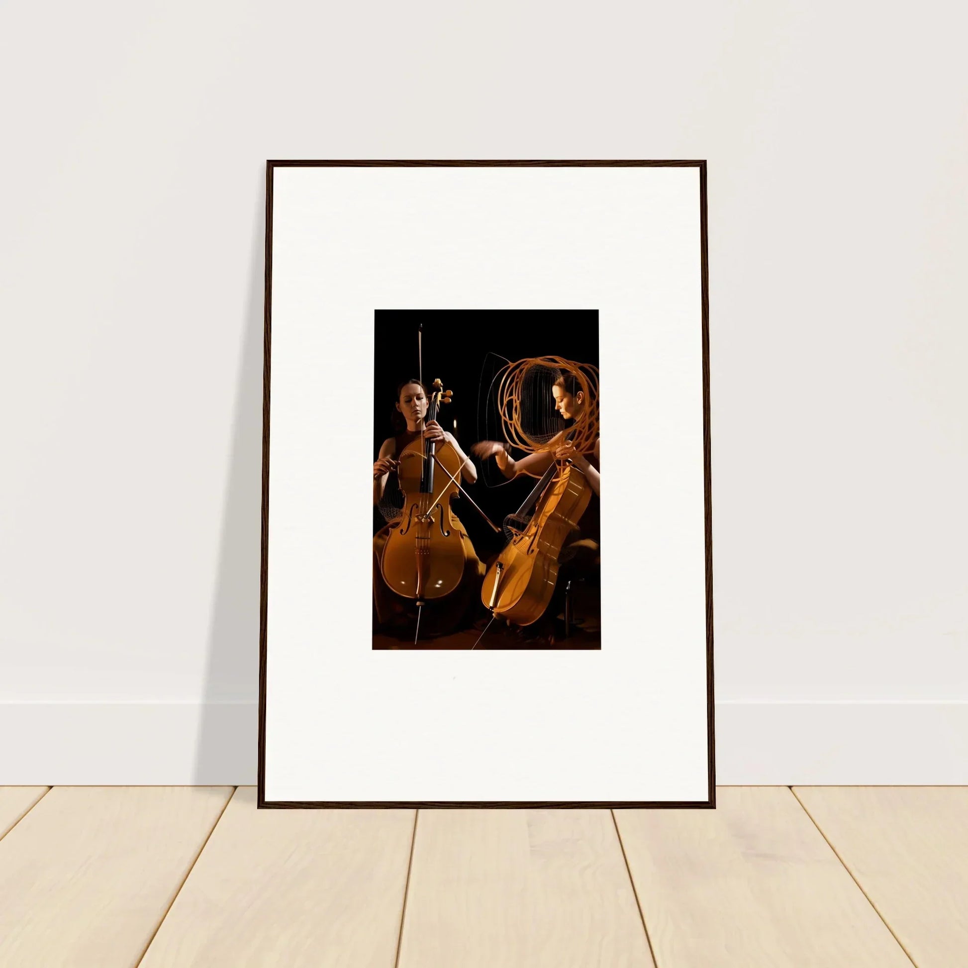 Framed wall art of musicians with string instruments in warm tones for stylish room decor