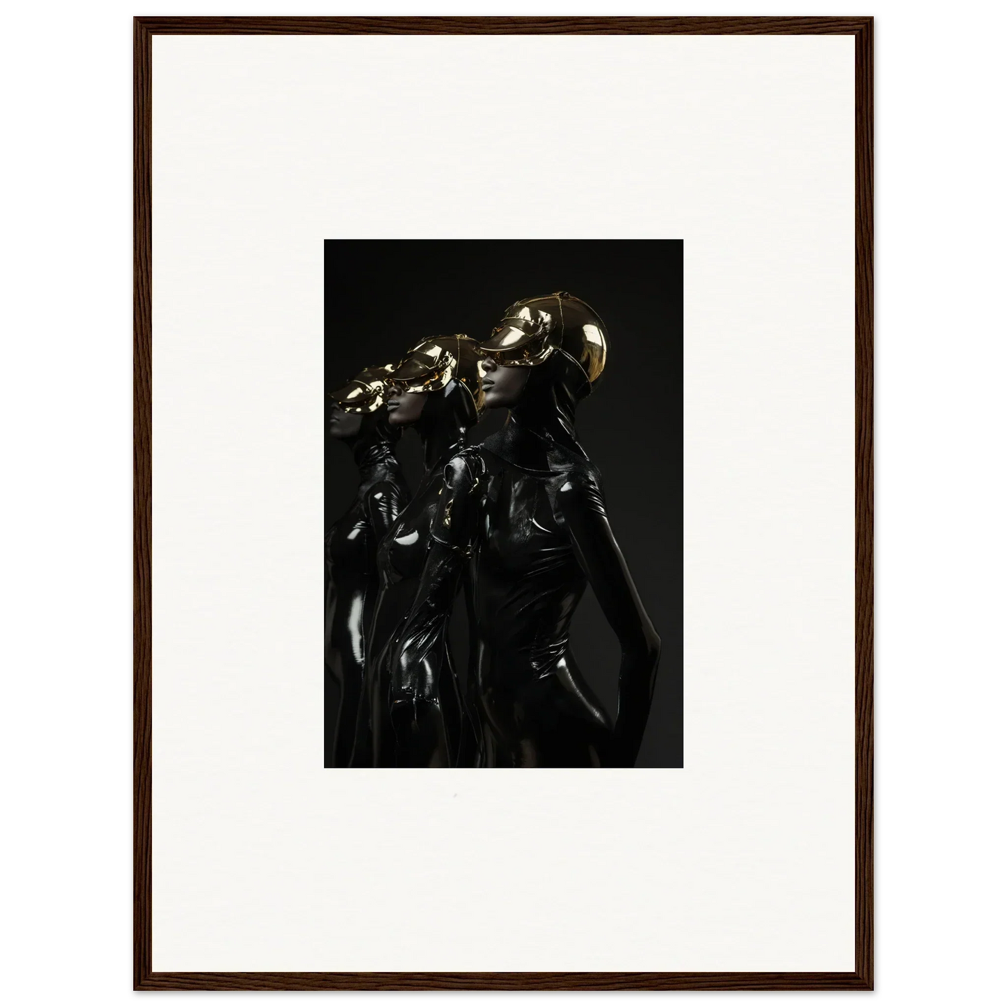 Framed artwork depicting dark, metallic robotic or armored figures.