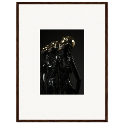 Framed artwork depicting dark, metallic robotic or armored figures.