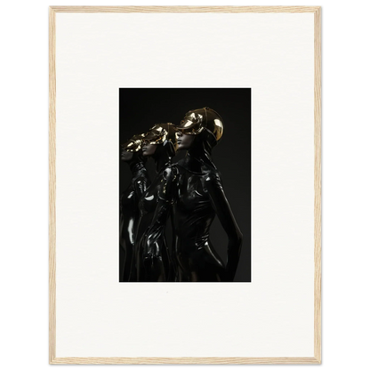 Framed artwork depicting dark, metallic robotic or armored figures.