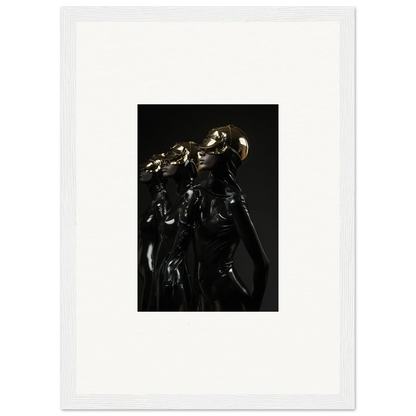 Dark, metallic sculpture or figurine with intricate details and a reflective surface.