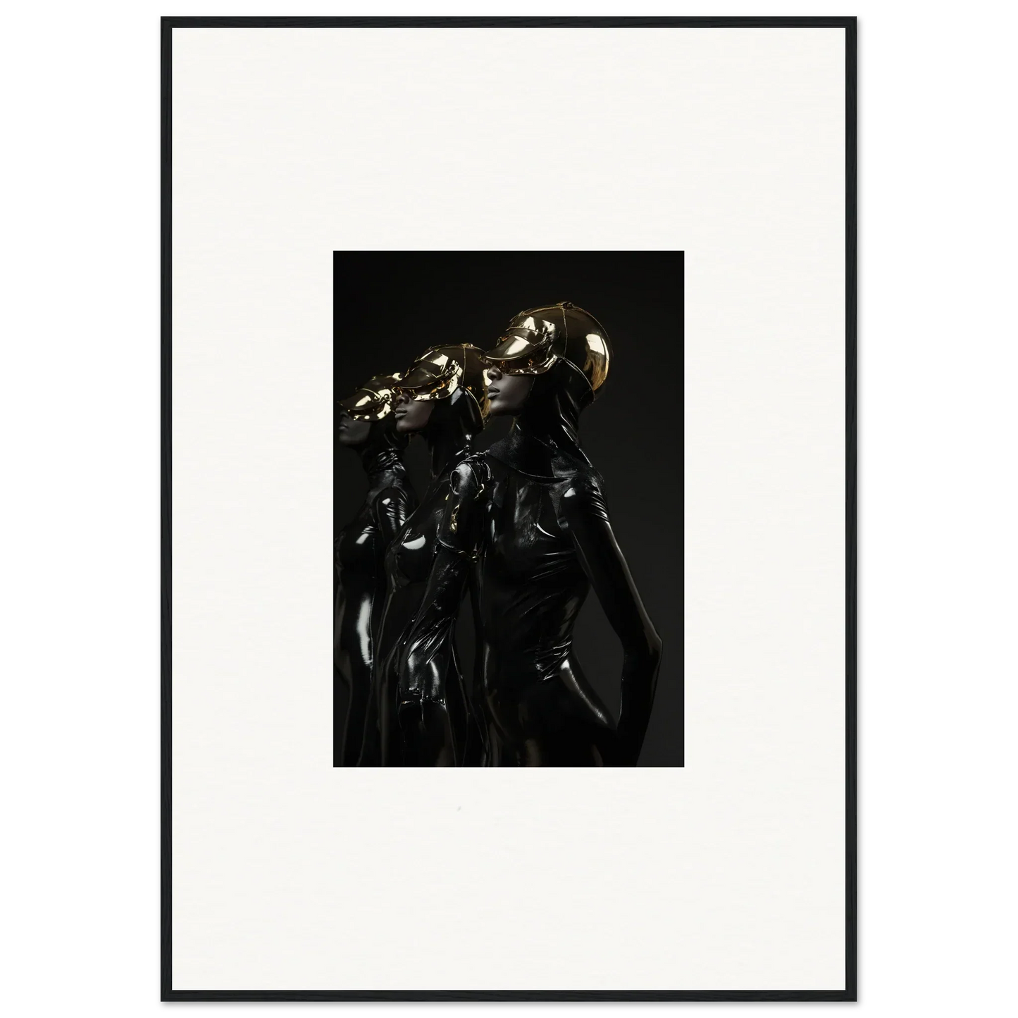 Dark, metallic-looking sculpture or figure with intricate details and a curved shape.