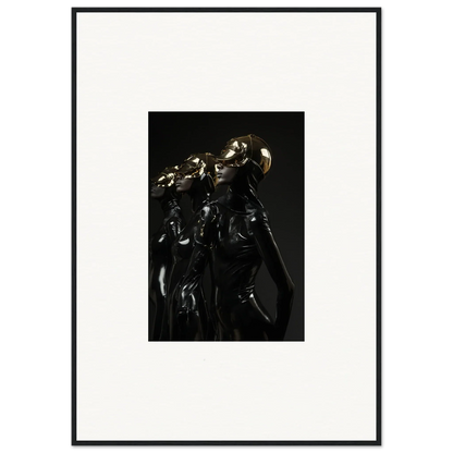 Dark, metallic-looking sculpture or figure with intricate details and a curved shape.