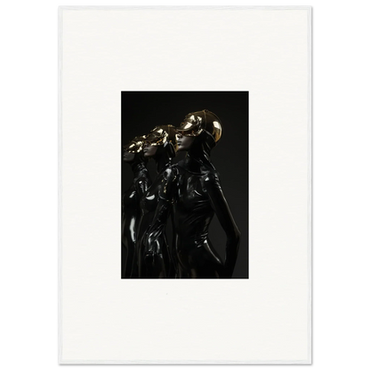 Dark, metallic sculpture or figurine with intricate details and a reflective surface.