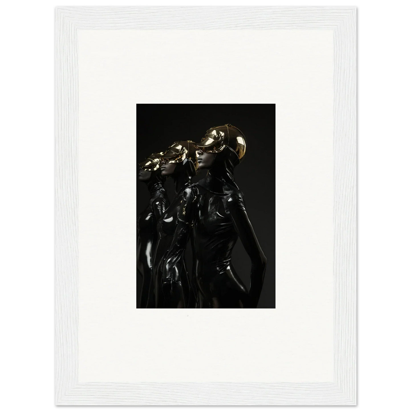 Dark, shadowy sculpture or figurine with multiple intertwined forms.