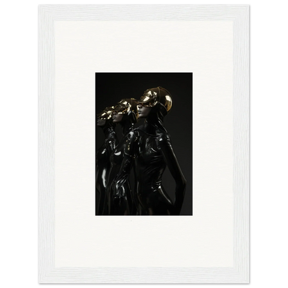 Dark, shadowy sculpture or figurine with multiple intertwined forms.