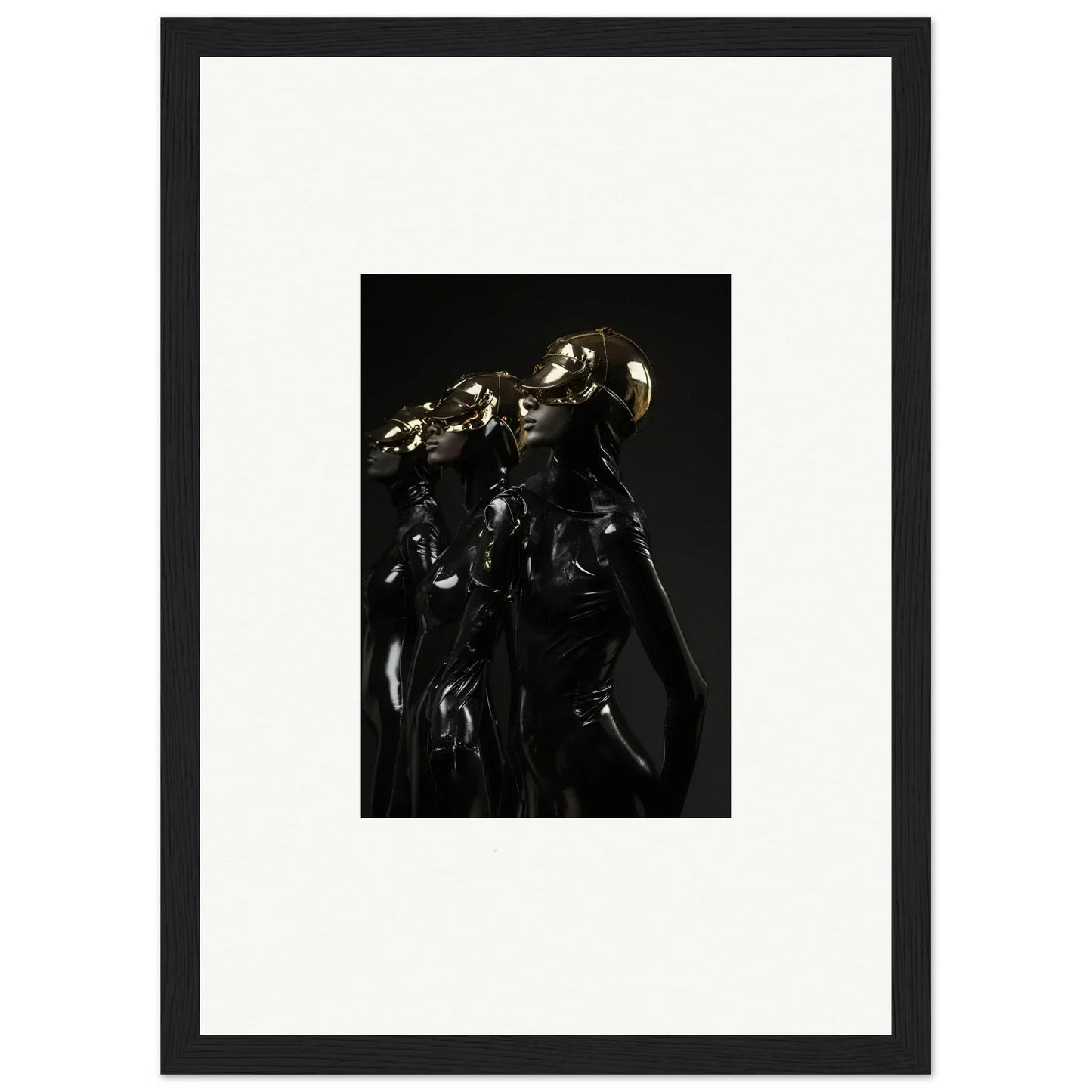 Dark metallic sculpture or figurine with intricate details and a reflective surface.