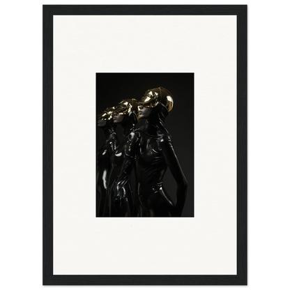 Dark metallic sculpture or figurine with intricate details and a reflective surface.