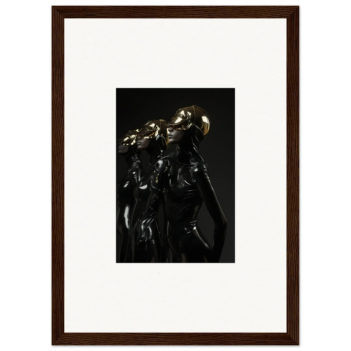 Dark metallic sculpture or statue with intricate details and a reflective surface.