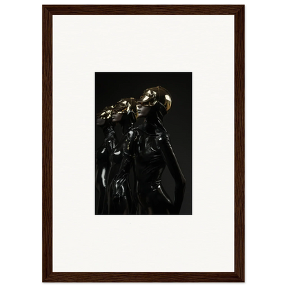 Dark metallic sculpture or statue with intricate details and a reflective surface.