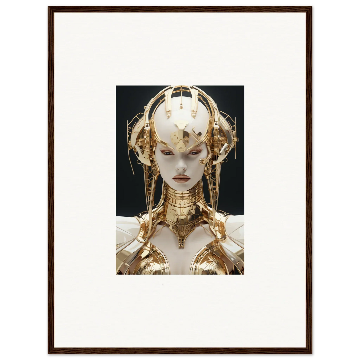 Futuristic robotic figure with golden features for a canvas print of golden melodies