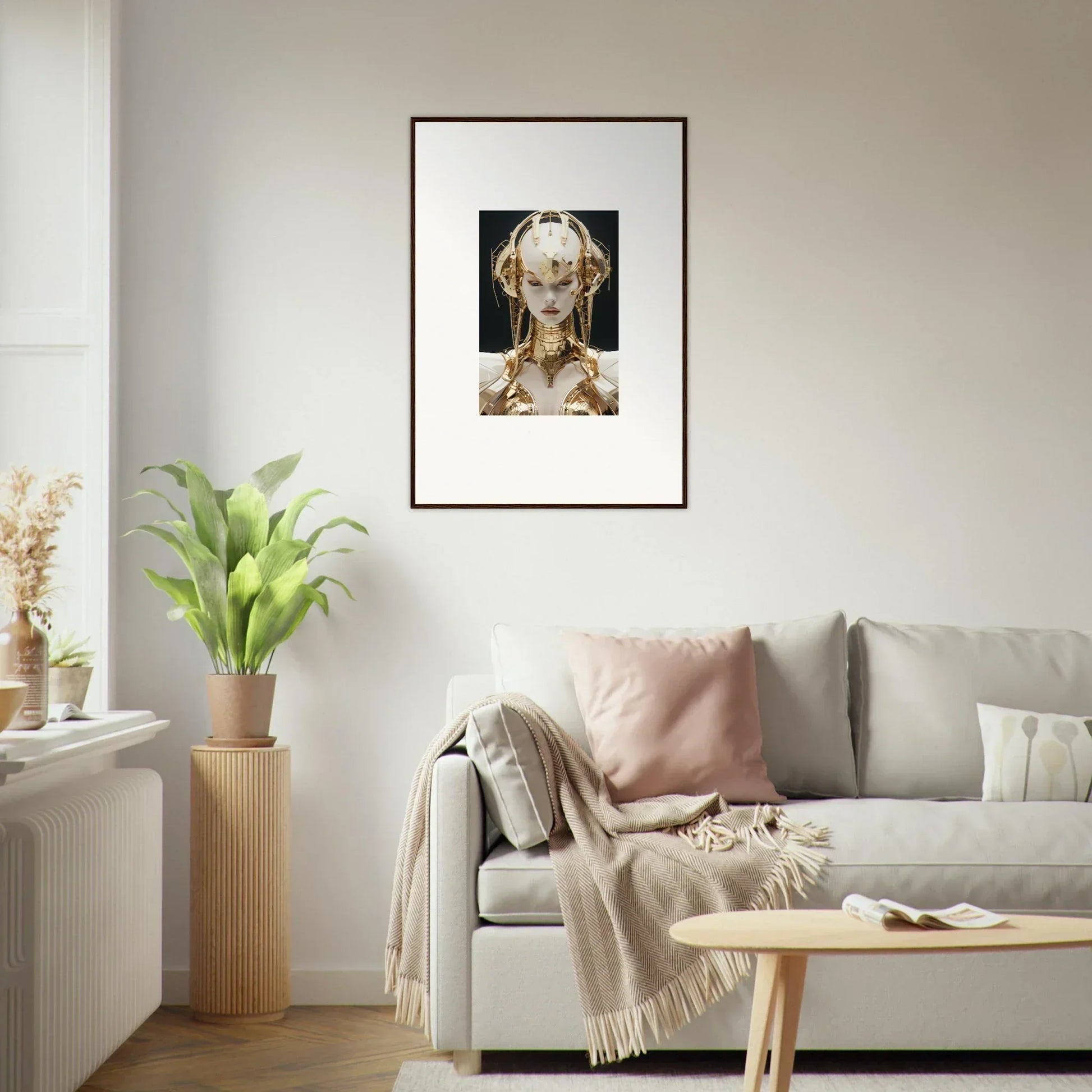 Surreal golden-hued sculptural portrait canvas print for unique room decoration