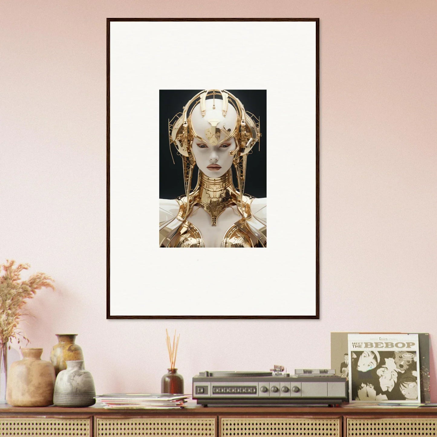 Framed artwork of an ornate golden figure for stylish room decoration and golden melodies