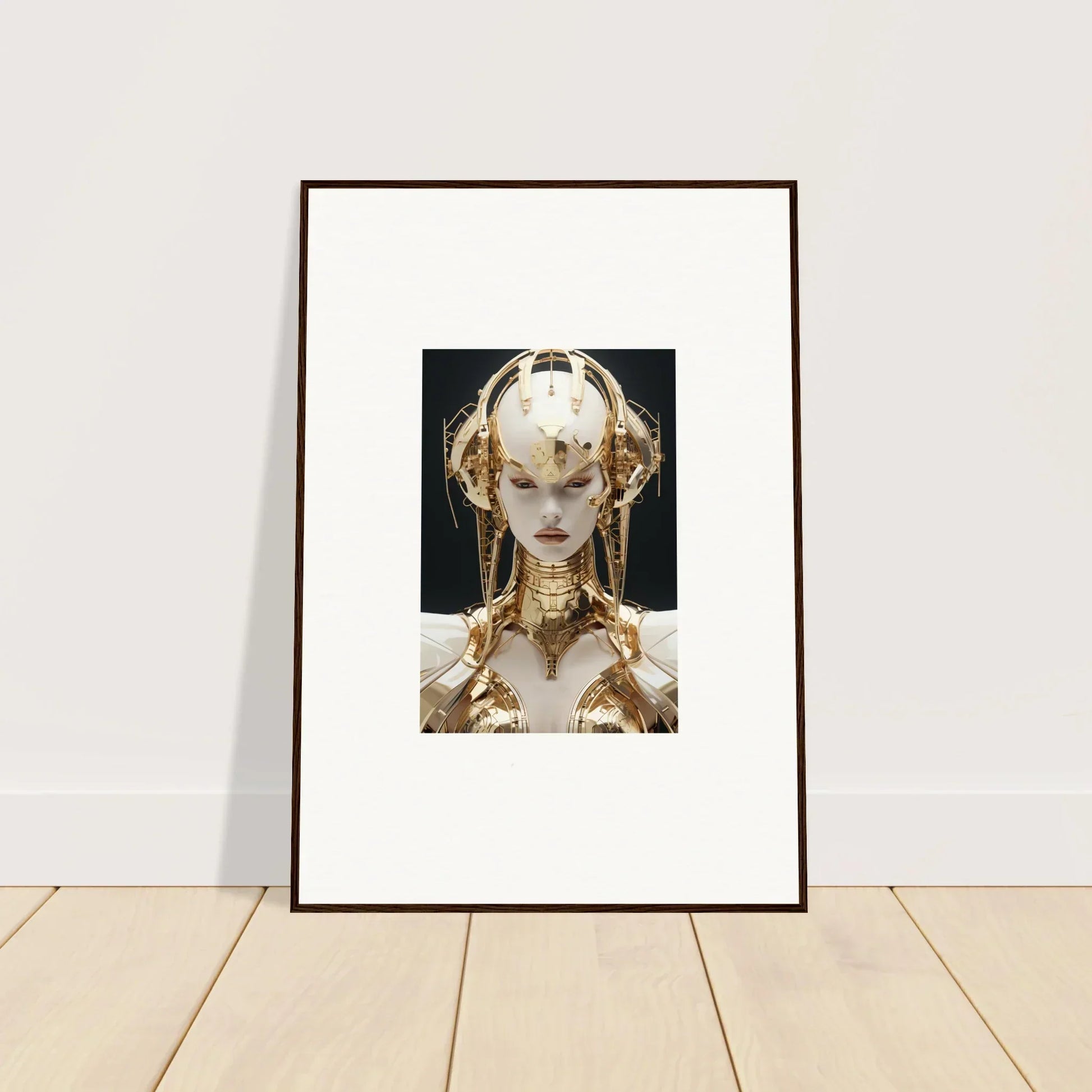 Framed canvas print of a figure with golden headdress for stylish room decoration