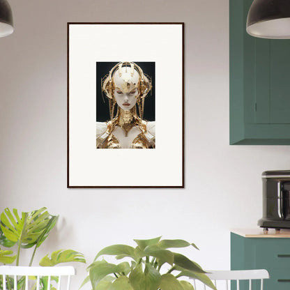 Framed canvas print of a figure in a golden headdress, perfect for room decoration