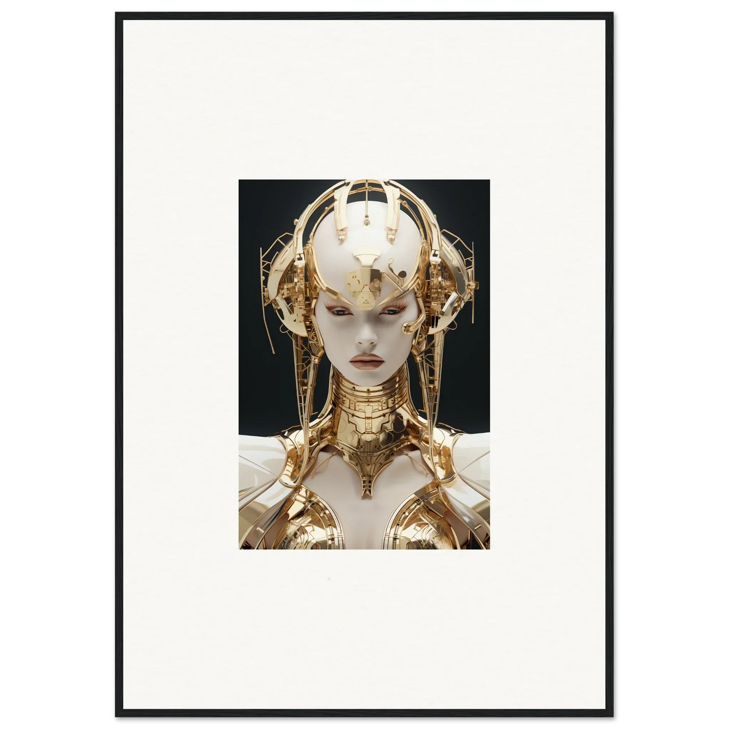 Futuristic golden robot figure with ornate headdress for golden melodies room decoration canvas print