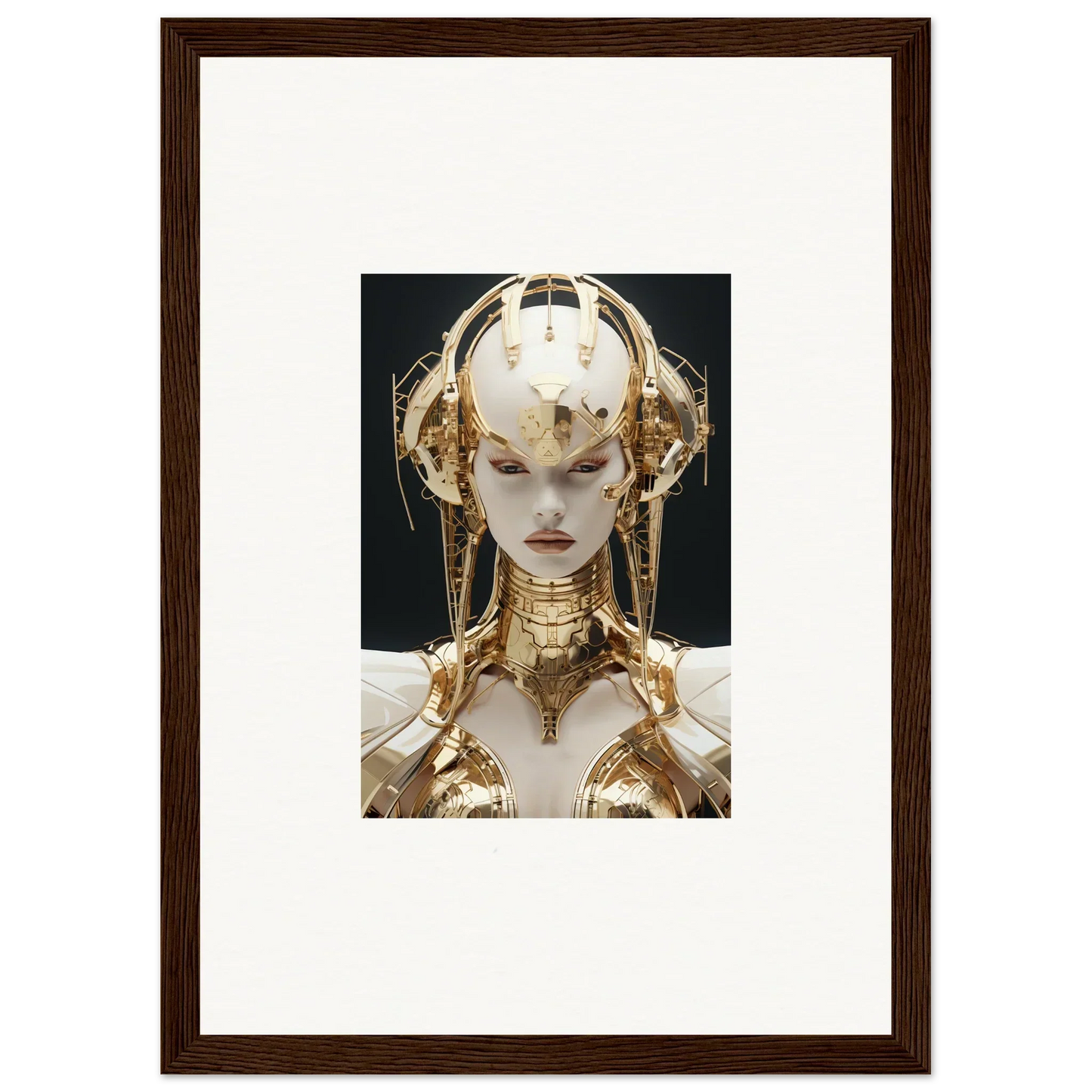 Futuristic golden robotic figure with headdress, perfect for room decoration canvas print