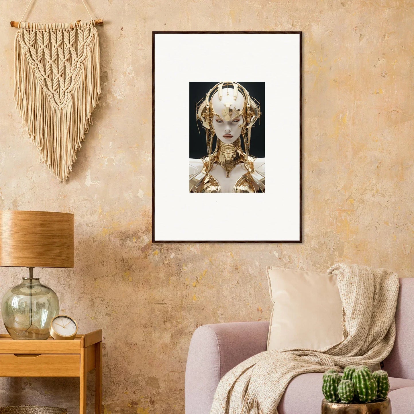 Framed canvas print of a golden humanoid for cool room decoration and golden melodies