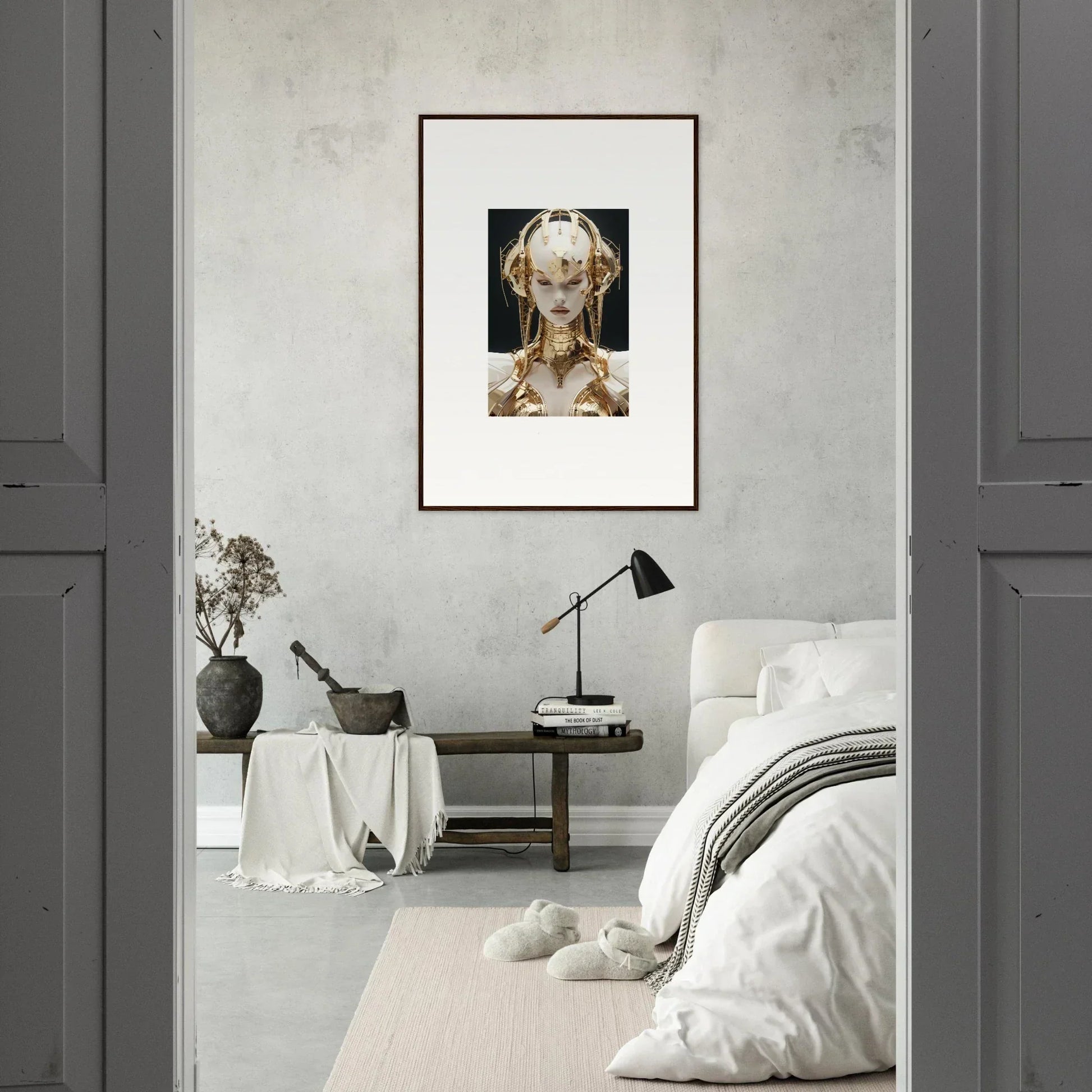 Framed canvas print of an ethereal figure, perfect for unique room decoration with golden melodies