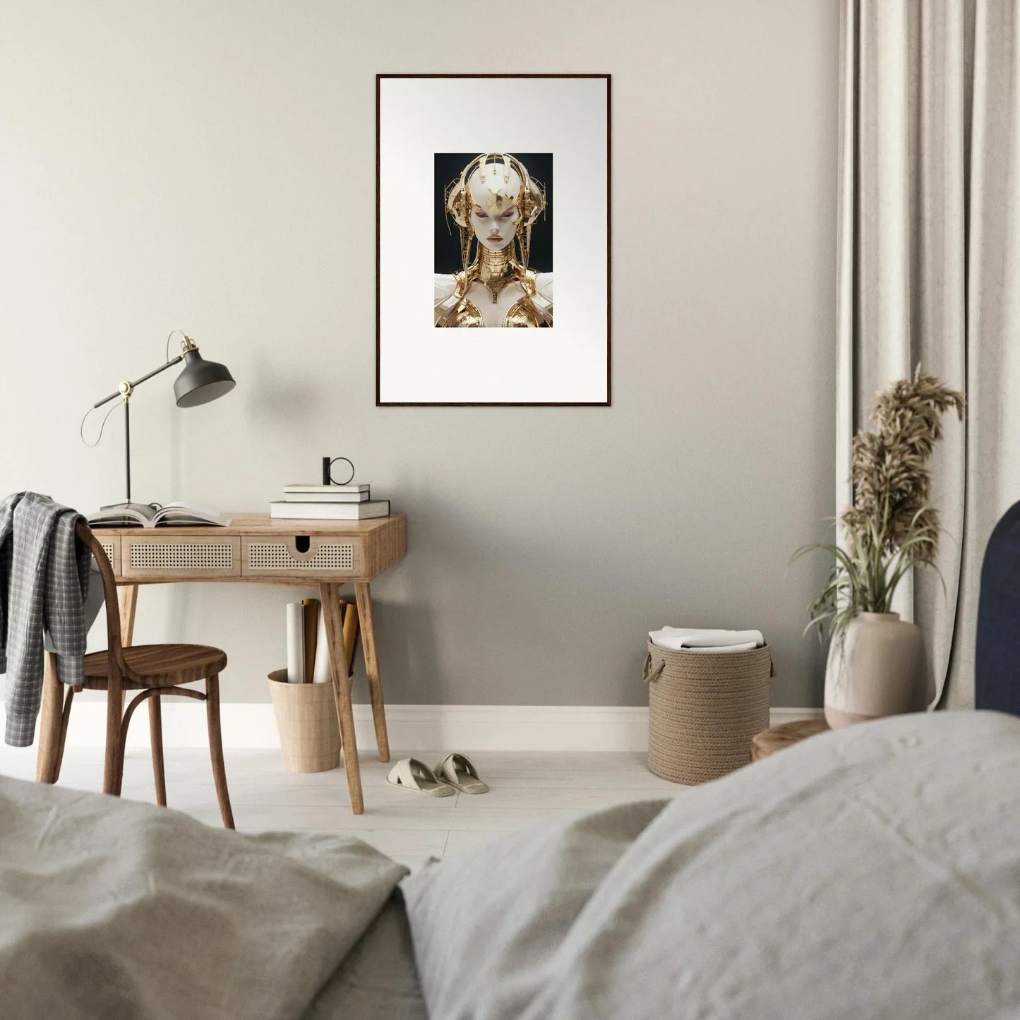 Framed canvas print of a futuristic figure, perfect for room decoration with golden melodies