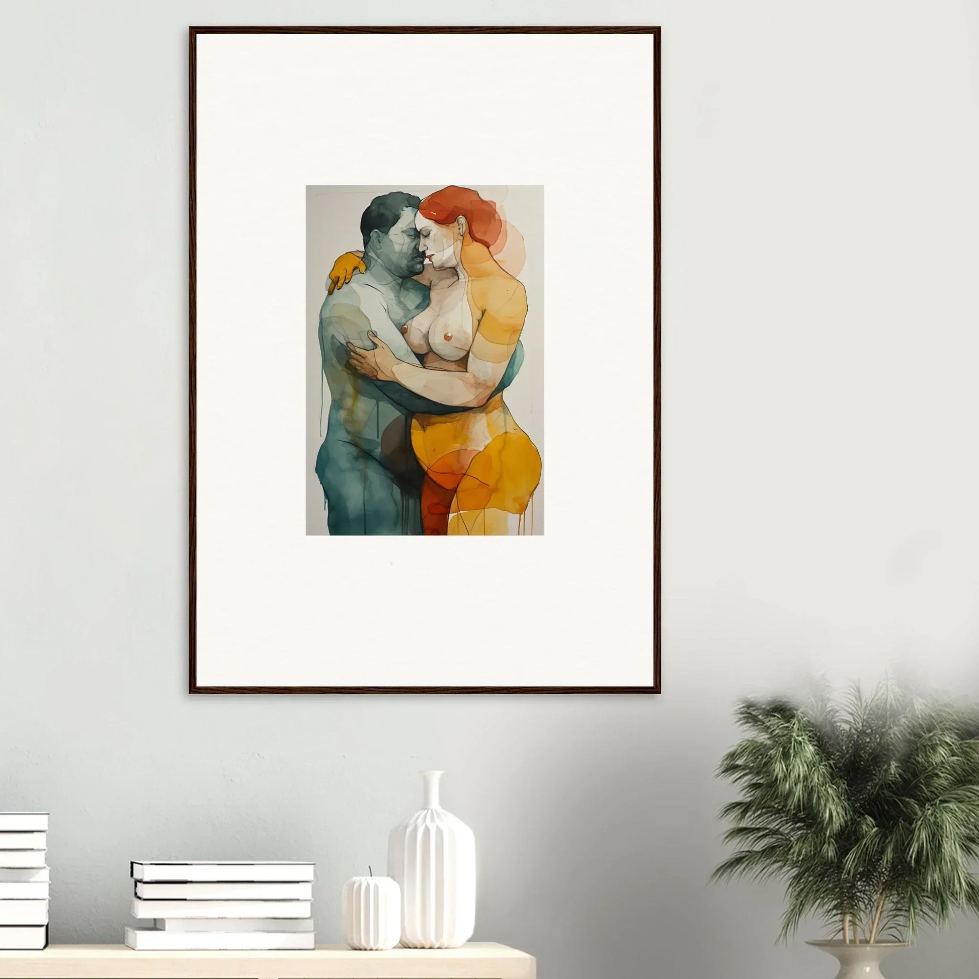 Framed wall art of a patina embrace between two figures in vibrant colors for room decor